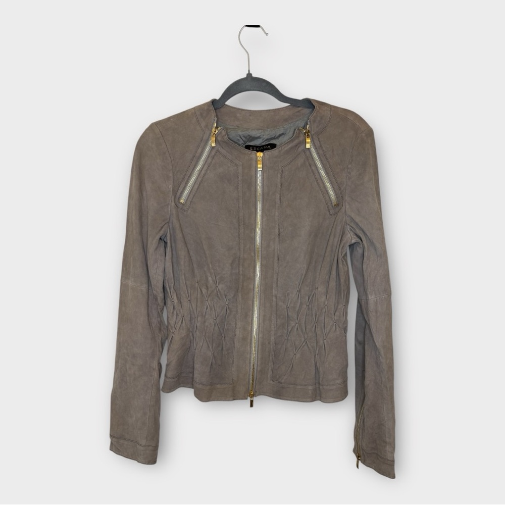 Escada Taupe Goat Suede Leather Moto Jacket | EU 36 / US 4 Designer Luxe Chic